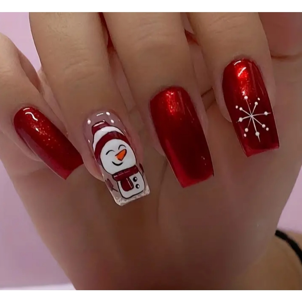 medium length Christmas red metallic squared press on finger nails